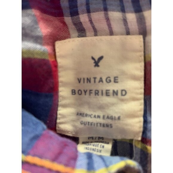 American Eagle Womens M Vintage Boyfriend Plaid Top Button Front Tabbed Sleeves - Picture 9 of 10